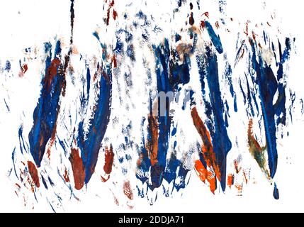 Abstract background with acrylic stokes and stains. Blue and orange on white paper. Stock Photo