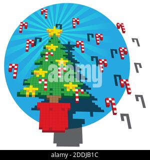 A Retro Game pixel illustration of a Christmas tree with Stars and Candy Canes against a blue circular backdrop. Stock Vector