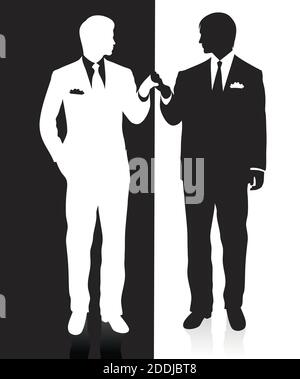 Two men holding hands. Isolated on white. Stock Vector