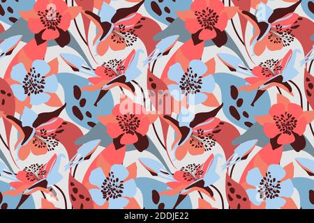 Vector floral seamless pattern. Flower background. Pink, blue flowers. Stock Vector