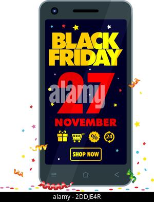 2020 Black Friday November 27. Holiday of discounts and gifts in smartphone. Online shopping on sale. Vector on transparent background Stock Vector