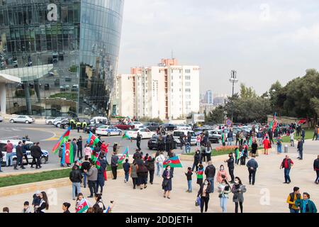 Baku - Azerbaijan: 10 November 2020. People going out with flags to celebrate victory. Karabakh Victory Day in Azerbaijan. Stock Photo