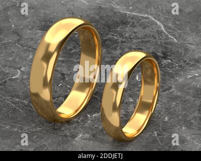 Two wedding gold rings lie next to each other on marble background. 3d rendering Stock Photo