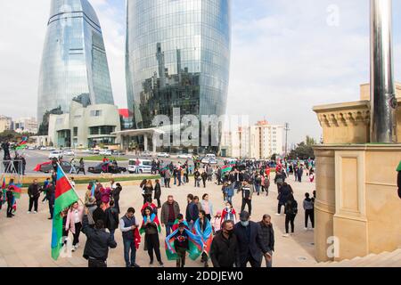 Baku - Azerbaijan: 10 November 2020. People going out with flags to celebrate victory. Karabakh Victory Day in Azerbaijan. Stock Photo