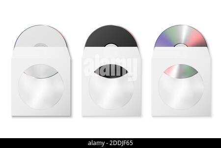 Vector 3d Realistic White, Black and Multicolor CD, DVD in Opened Paper, Plastic Case, Package, Envelope with Window Set Closeup Isolated on White Stock Vector