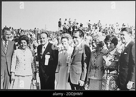 File photo - Pictured at a campaign event in California on November 27, 1971: United States Vice President Spiro T. Agnew, Mrs. Judy Agnew, Bob Hope, Delores Hope, U.S. President Richard M. Nixon, first lady Pat Nixon, Nancy Reagan, and Governor Ronald Reagan of California. Ronald Reagan was the governor of California in 1971 when he phoned the White House to vent his political frustration to President Richard M. Nixon and, according to a newly released audio recording, called African people “monkeys” in a slur that sparked laughter from the president of the United States.Ronald Reagan was the Stock Photo