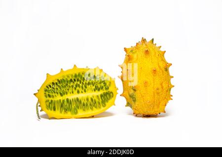 Kiwano or Cucumis metuliferus isolated on white background. Stock Photo