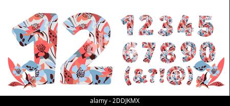 Vector flower numbers from 0 to 9. Botanical character, figure. Stock Vector