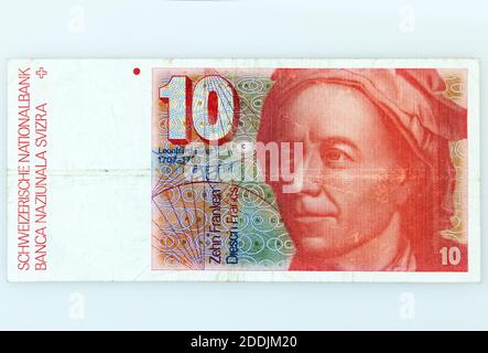 A Swiss Franc note, Euler-10 series, displayed horizontally. This ...
