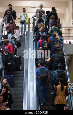 Commuters try to get a train at Gare Du Nord metro station in Paris, France on Septemebr 13, 2019. A one-day strike of Paris public transports operator RATP employees is called by unions over French government's plan to overhaul the country's retirement system. Ten of the city's 16 metro lines were shut down completely, while service on most others was 'extremely disrupted,' the RATP transit operator said. The city's burgeoning cycle lane system was seeing a surge in traffic as people pulled out bikes to get to work. Photo by Rafael Lafargue/ABACAPRESS.COM Stock Photo
