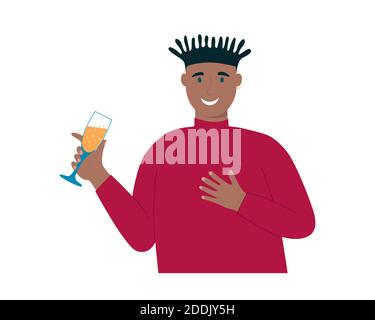 Yuong man holding glass with champagne and giving toast. Afroamerican smiling guy celebrating birthday, Christmas, New Year. Vector flat illustration. Stock Vector