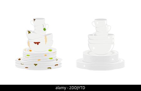 Stacks of dirty and clean dishes isolated on white background. Plates, bowls and cups before and after washing. Vector flat illustration. Stock Vector