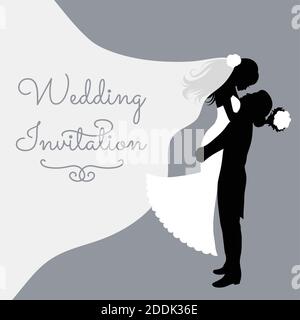 Romantic wedding silhouettes with text on grey. Stock Vector
