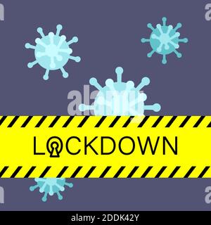 Lockdown yellow police line on grey backdrop. Coronavirus icon for social banner or propaganda, hygiene promotion, medical poster. Chemist shop logo o Stock Vector