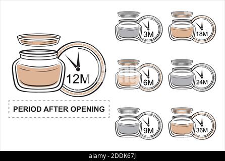 Pao, period after opening vector icon set. Product shelf life. Cosmetic jar of cream with open lid and clock showing useful lifetime. Expiration date. Stock Vector