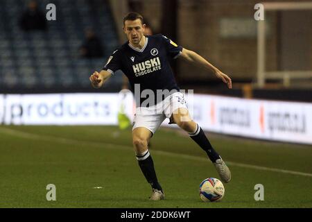 London, UK. 25th Nov, 2020. Murray Wallace of Millwall in action during the game. EFL Skybet Championship match, Millwall v Reading at the Den in London on Wednesday 25th November 2020. this image may only be used for Editorial purposes. Editorial use only, license required for commercial use. No use in betting, games or a single club/league/player publications. pic by Steffan Bowen/Andrew Orchard sports photography/Alamy Live news Credit: Andrew Orchard sports photography/Alamy Live News Stock Photo