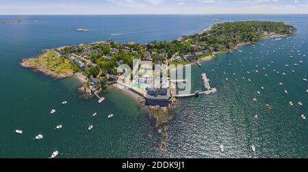 Aerial view panorama of Marblehead Neck and Marblehead Harbor in town of Marblehead, Massachusetts MA, USA. Stock Photo