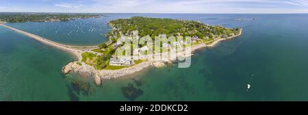 Aerial view panorama of Marblehead Neck and Marblehead Harbor in town of Marblehead, Massachusetts MA, USA. Stock Photo