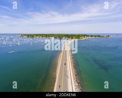 Aerial view of Marblehead causeway on Ocean Avenue and Marblehead Harbor in town of Marblehead, Massachusetts MA, USA. Stock Photo