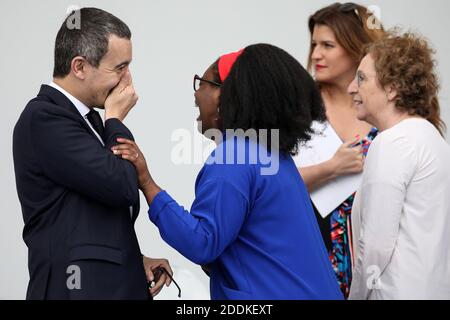 Gérald Darmanin, ministre de lÂ’Action et des Comptes publics, Sibeth NDiaye, secrétaire d'État auprès du Premier ministre et Porte-parole du gouvernement, Marlène Schiappa, secrétaire dÂ’Etat, chargée de lÂ’Egalité des femmes et des hommes, Muriel Pénicaud, ministre du Travail, lors du 139ème défilé militaire du 14 juillet sur les Champs-Elysées, jour de la Fête Nationale. Paris, le 14 juillet 2019. Photo Stephane Lemouton/Pool/ABACAPRESS.COM Stock Photo