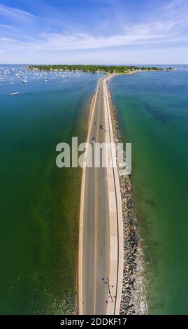 Aerial view of Marblehead causeway on Ocean Avenue and Marblehead Harbor in town of Marblehead, Massachusetts MA, USA. Stock Photo