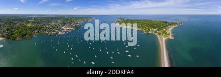 Aerial view panorama of Marblehead Neck and Marblehead Harbor in town of Marblehead, Massachusetts MA, USA. Stock Photo