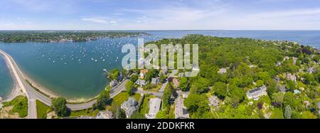 Aerial view panorama of Marblehead Neck and Marblehead Harbor in town of Marblehead, Massachusetts MA, USA. Stock Photo