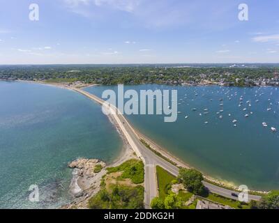 Aerial view of Marblehead causeway on Ocean Avenue and Marblehead Harbor in town of Marblehead, Massachusetts MA, USA. Stock Photo