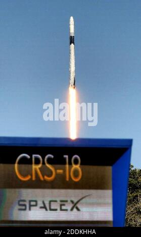 NO FILM, NO VIDEO, NO TV, NO DOCUMENTARY - Seen from the Kennedy Space Center, the SpaceX Falcon 9 clears the launch pad -- with a countdown clock in the foreground -- from Cape Canaveral Air Force Station, FL, USA on Thursday, July 25, 2019. Photo by Joe Burbank/Orlando Sentinel/TNS/ABACAPRESS.COM Stock Photo