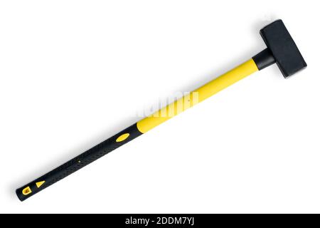 Large yellow sledgehammer from fireman's toolbox isolated on white background.  Stock Photo
