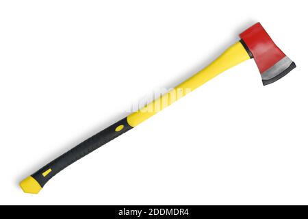 Large red axe with long yellow grip from fireman's toolbox isolated on white Stock Photo