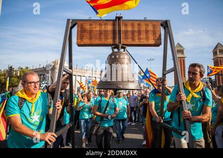 Demonstrators wave pro-independence Catalan Estelada flags during Catalonia's national day, known as Diada Nacional de Catalunya, at Plaza Espana in Barcelona, Spain on September 11, 2019. Photo by Antonio Cascio/ABACAPRESS.COM Stock Photo