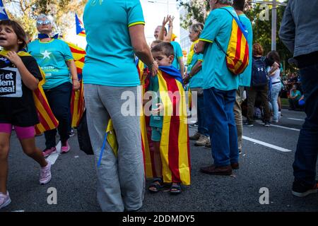 Demonstrators wave pro-independence Catalan Estelada flags during Catalonia's national day, known as Diada Nacional de Catalunya, at Plaza Espana in Barcelona, Spain on September 11, 2019. Photo by Antonio Cascio/ABACAPRESS.COM Stock Photo