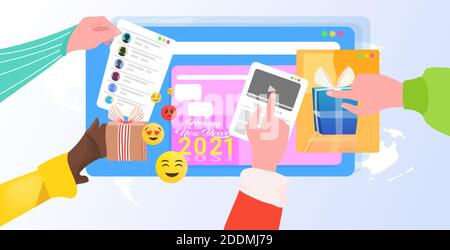 mix race human hands using online application happy new year merry christmas holidays celebration concept horizontal vector illustration Stock Vector