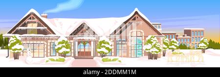 snow covered house yard in winter season home building with decorations for new year and christmas celebration horizontal vector illustration Stock Vector