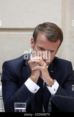 French President Emmanuel Macron reacts as he inaugurates the Commission on the first 1000 days of the child in Paris, France September 19, 2019. Photo by Stephane Lemouton/pool/ABACAPRESS.COM