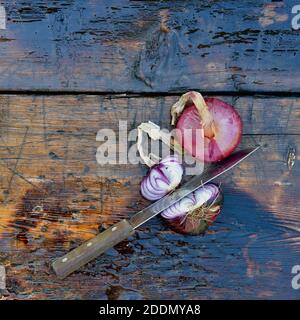 Purple Crimean bow on a wooden square surface on the right. Two onions in husks, one cut in half with a knife. Stock Photo