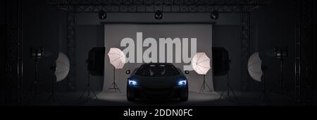 photo studio with sports car. 3d rendering Stock Photo