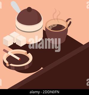 coffee cigarette in the ashtray and sugar isometric vector illustration Stock Vector