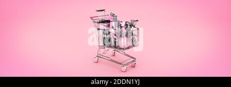 Shopping cart with many kitchen appliances. 3D rendering Stock Photo