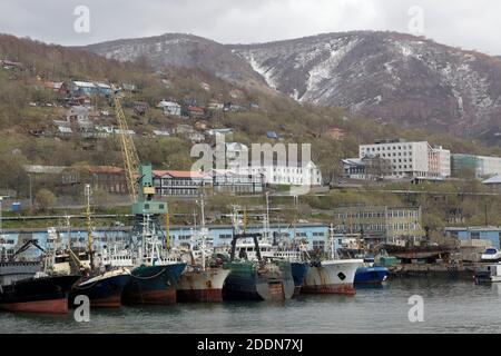 Avacha Bay, view of ships moored at Petropavlosk Kamchatskiy, Kamchatka, far eastern Russia 27th May 2012 Stock Photo