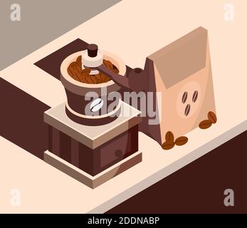 coffee roasting machine and package isometric icon design vector illustration Stock Vector