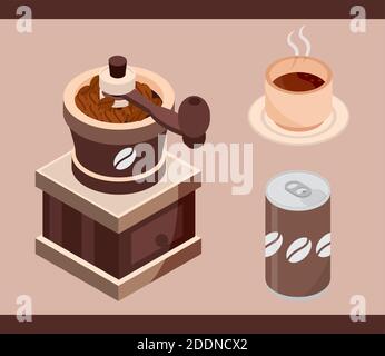 coffee can, cup, roasting machine brewing isometric vector illustration Stock Vector