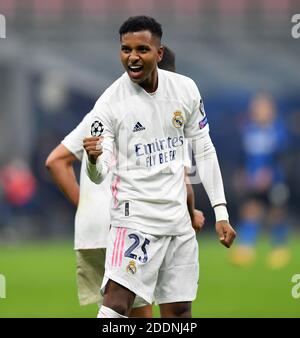 Milan, Italy. 25th Nov, 2020. Real Madrid's Rodrygo celebrates his team's goal during the UEFA Champions League Group B match between FC Inter and Real Madrid in Milan, Italy, Nov. 25, 2020. Credit: Daniele Mascolo/Xinhua/Alamy Live News Stock Photo