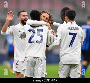 Milan, Italy. 25th Nov, 2020. Real Madrid's players celebrates a goal during the UEFA Champions League Group B match between FC Inter and Real Madrid in Milan, Italy, Nov. 25, 2020. Credit: Daniele Mascolo/Xinhua/Alamy Live News Stock Photo