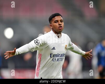 Milan, Italy. 25th Nov, 2020. Real Madrid's Rodrygo celebrates his team's goal during the UEFA Champions League Group B match between FC Inter and Real Madrid in Milan, Italy, Nov. 25, 2020. Credit: Daniele Mascolo/Xinhua/Alamy Live News Stock Photo