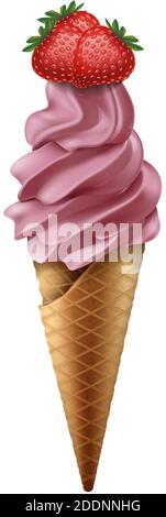 3d realistic vector strawberry ice cream in cone. Isolated on white background. Stock Vector