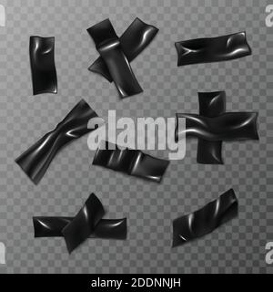 3d realistic vector black duct tape collection. Isolated on transparent background. Wrinkled scotch pieces. Stock Vector