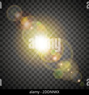 Vector yellow golden sun with colorful light effects, flares and gleams, rays and halo. Isolated on transparent background. Stock Vector