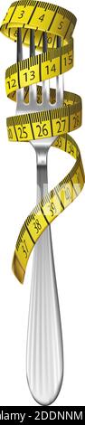 3d realistic vector diet concept illustration. Fork with measuring tape on it. Isolated on white background. Stock Vector